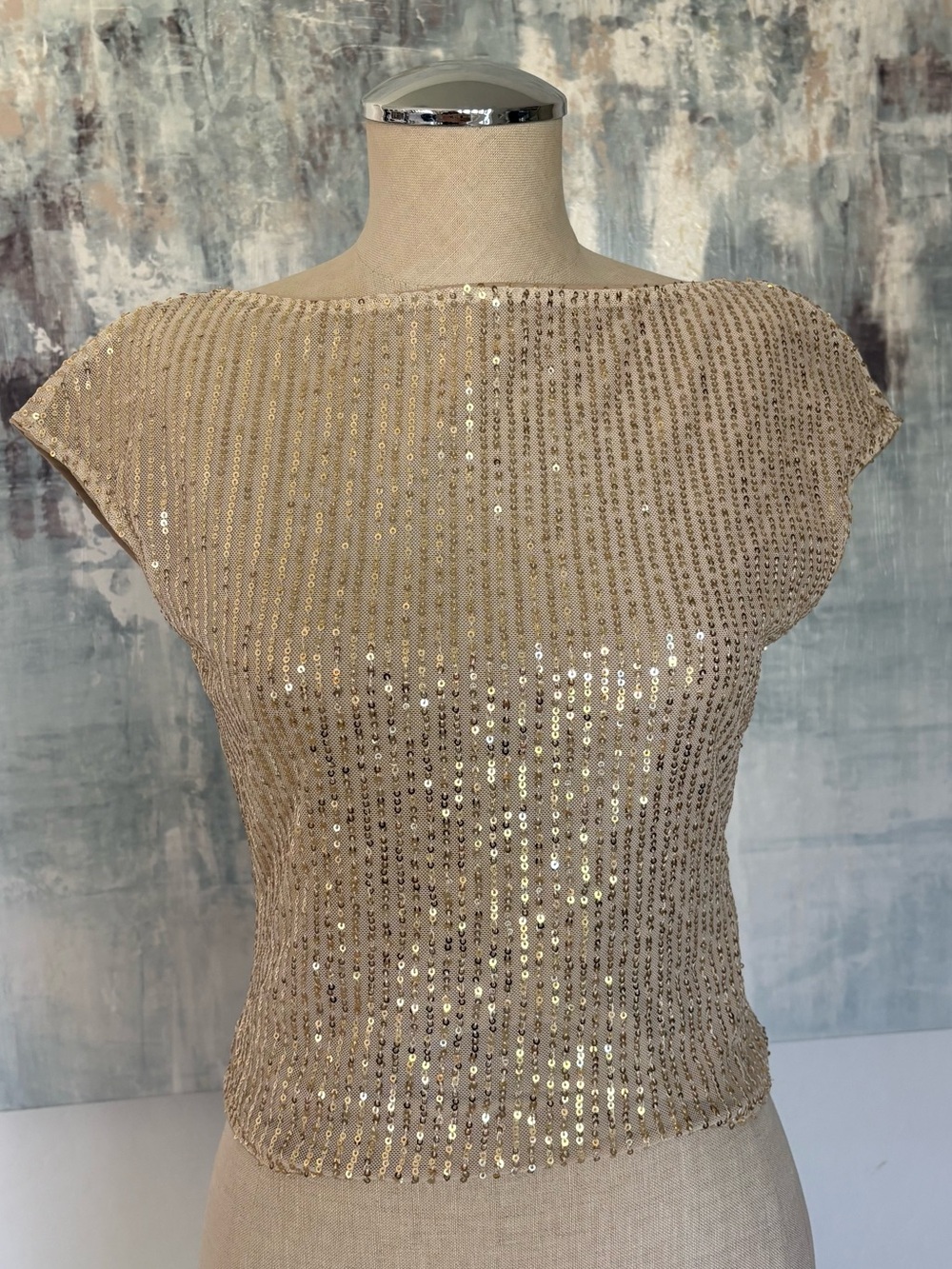 Beige Gold Sequin Cap Sleeve Top